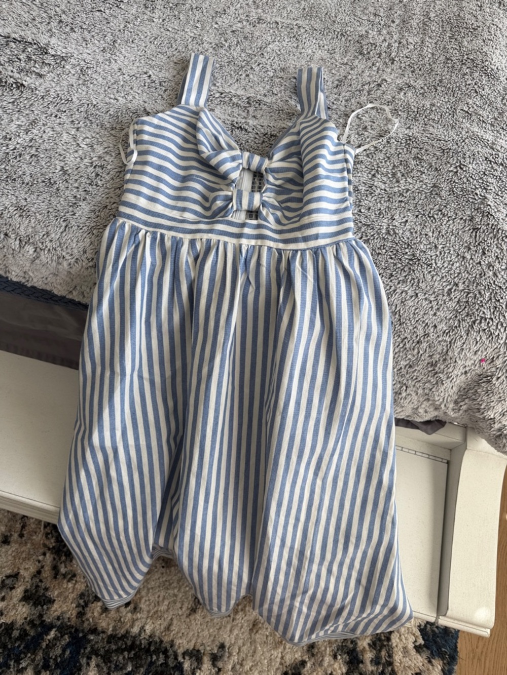 bohme Blue and White Striped Sleeveless Bow Front Dress